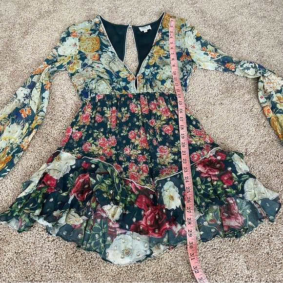 Hemant & Nandita Della Long Sleeve Mini Dress Green Floral Gold Size XS - Picture 11 of 11